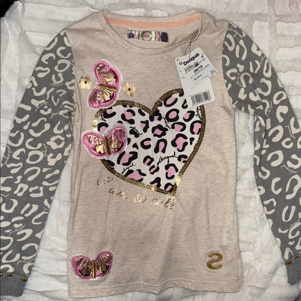 Desigual Gray and Pink Long Sleeve Tee with Heart and Butterfly Design